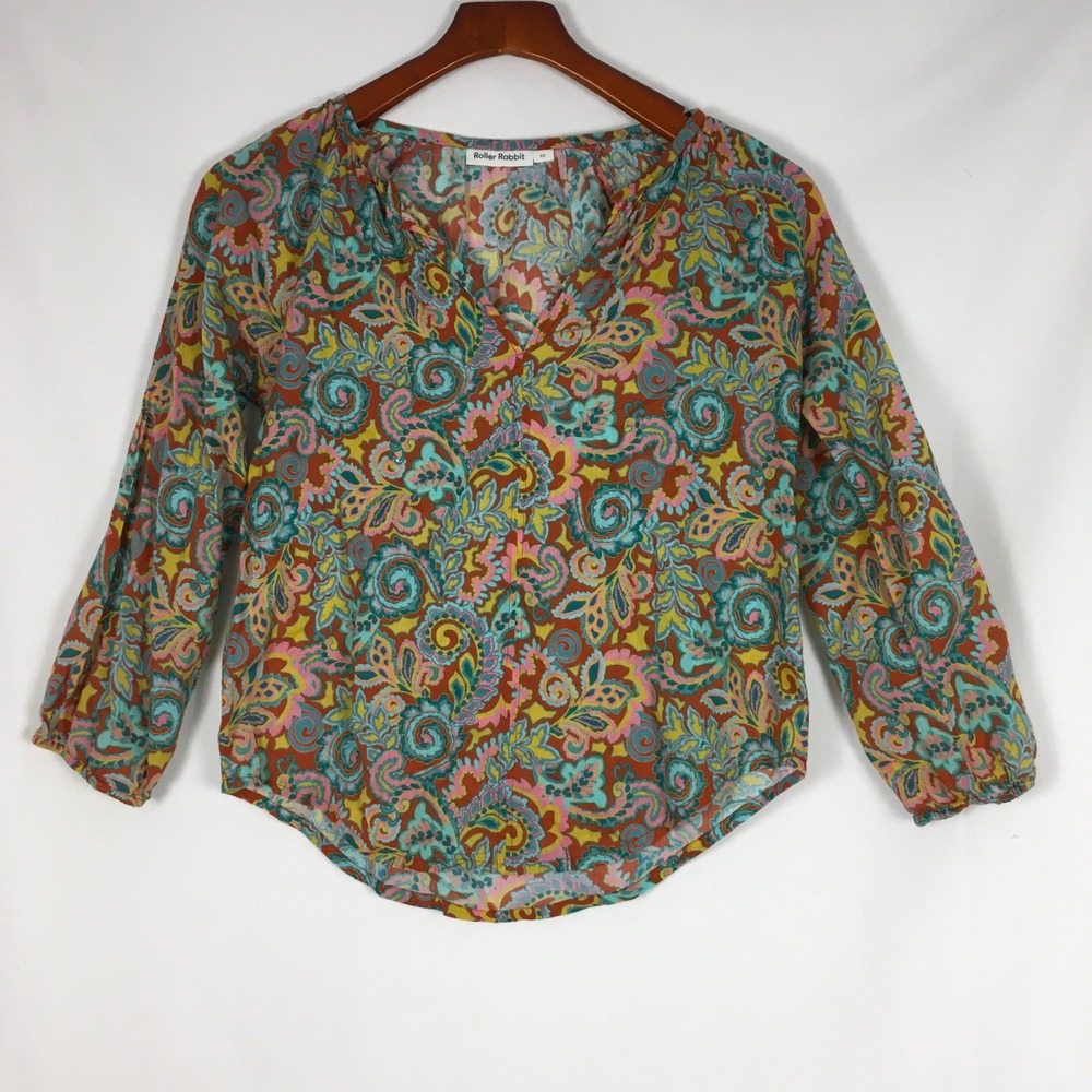 Roller Rabbit Cotton Paisley Women's Pullover Blouse V Neck Size XS